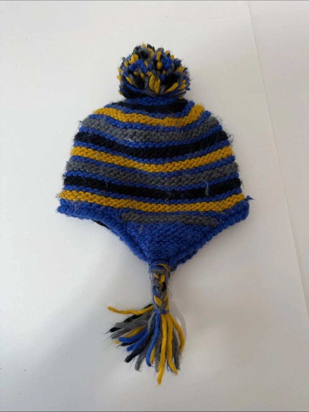 Turtle fur -Striped Knit Pom Earflap Hat for Kids — Blue, Yellow & Gray